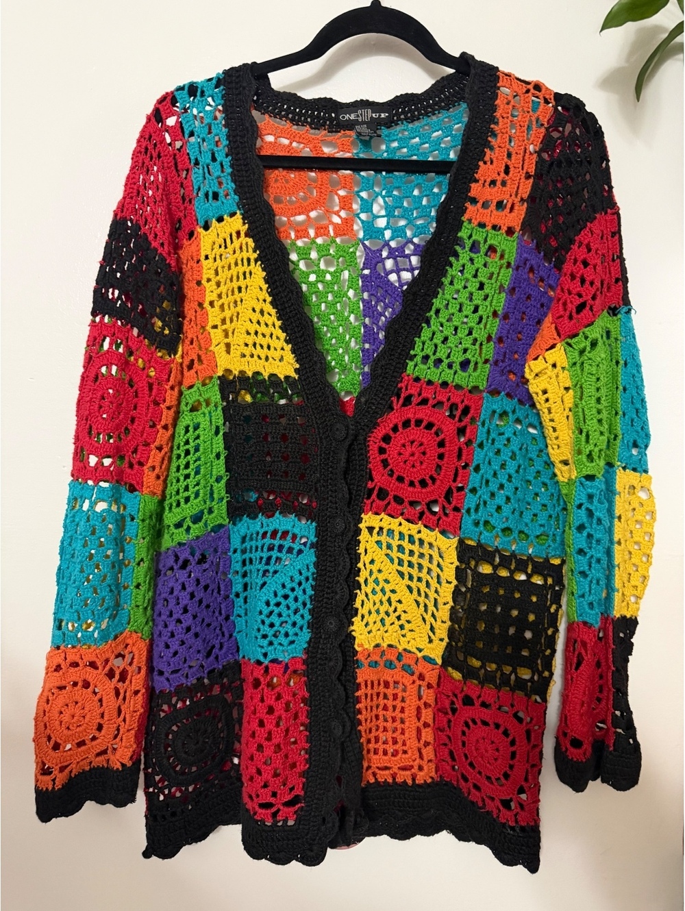 One Step Up Crochet Colorful Patchwork Cardigan One Size